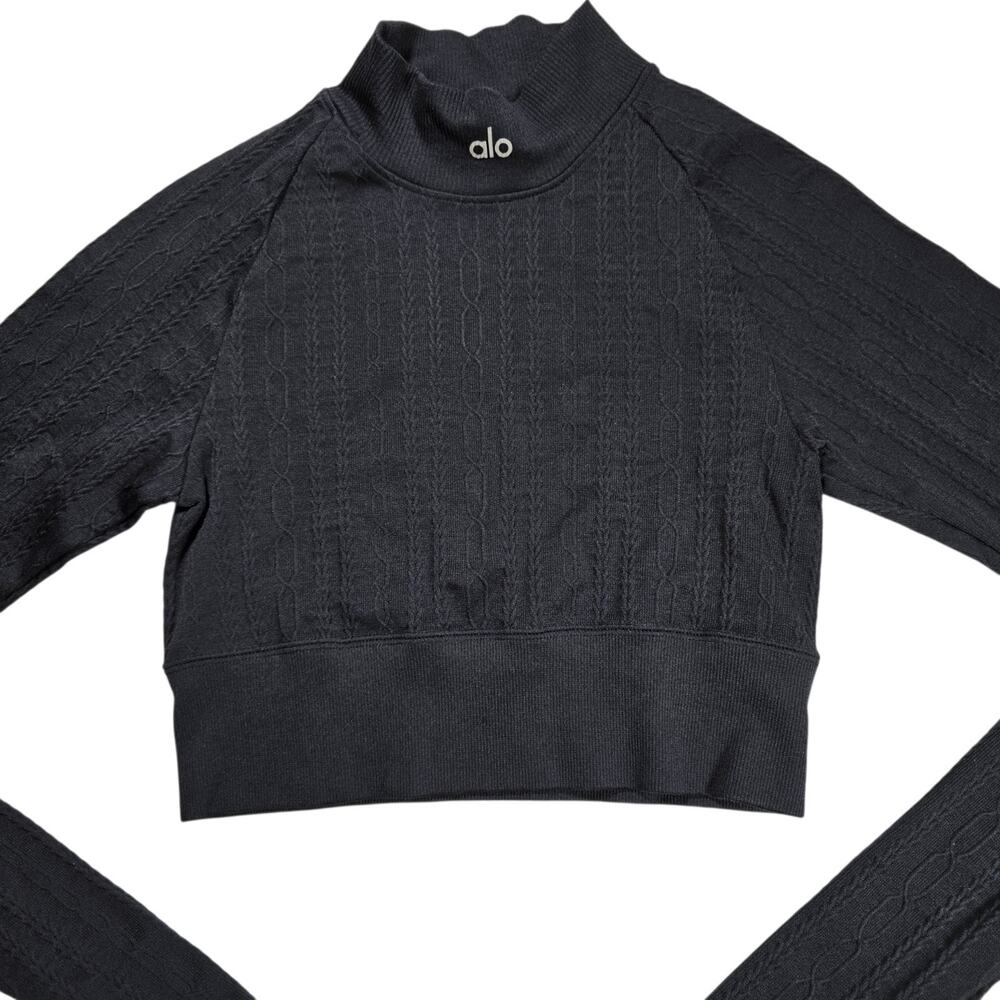 Alo Yoga Crop Top XS Black Seamless Cable Knit Long Sleeve Thumb Holes